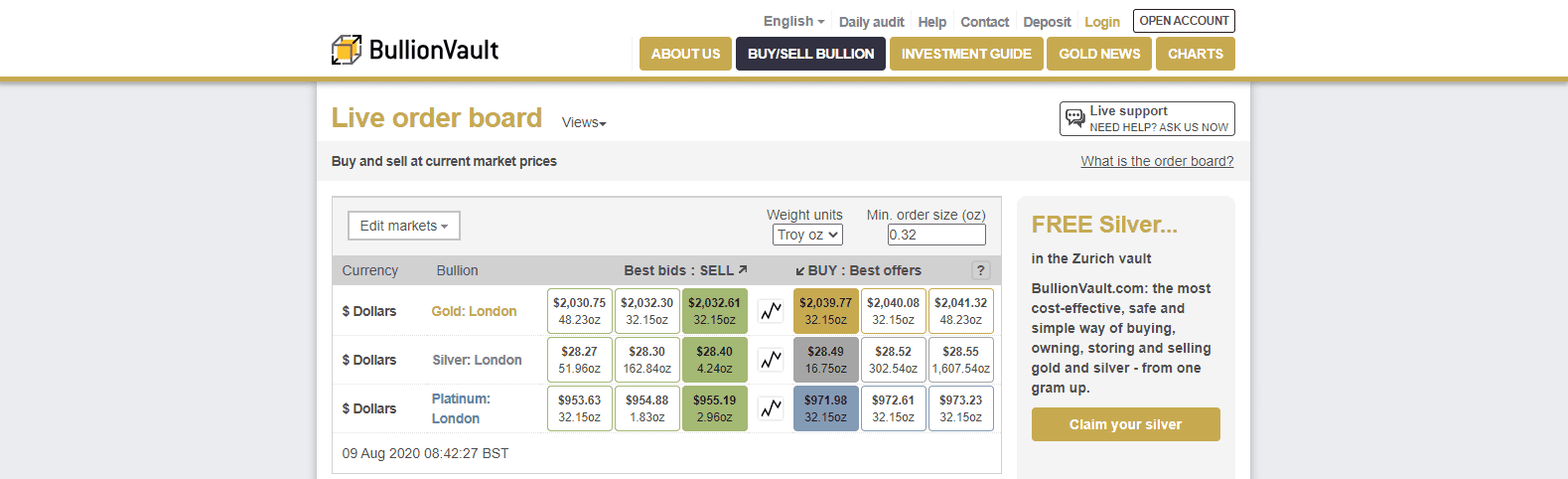 BullionVault Review live order board